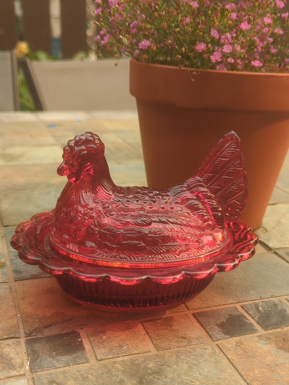 Mosser Vintage Ruby Red Glass Hen on Nest Covered Dish